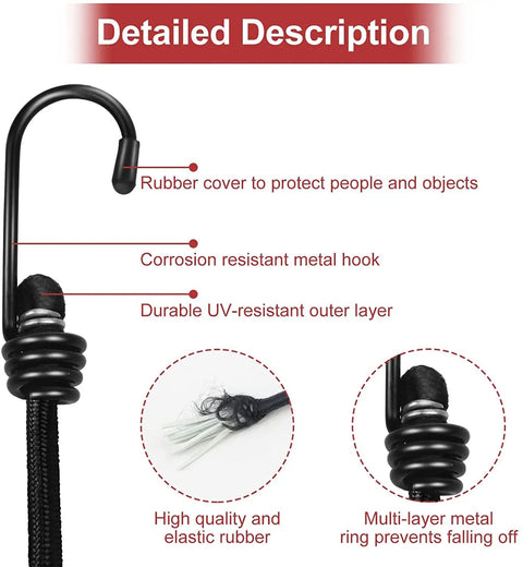 Five Pack 12 Inch Bungee Cords With Hooks And Tarp Clips, showing metal hook with rubber cover, UV-resistant outer layer