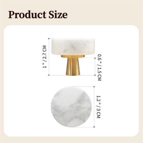 Set Of 6 Real Deal White Marble Cabinet Knobs With Top Shelf Brass Drawer Pulls For Kitchen Drawers And Bathroom Vanities Heavy Duty natural stone handles size measurement with brass and marble details.