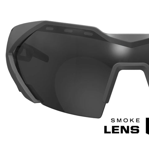 Close-up of Vision Type E Safety Glasses with Anti Fog Coating, Scratch Resistant Smoke Lens, Lightweight Gray Half Frame Eyewear