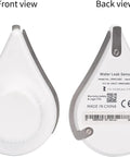 Front and back view of Zigbee Water Leak Sensor With Dripping Detection And 120 dB Alarm, 2 Pack No Fuss Setup, Real Time App Alerts, Works With Home Assistant And Compatible Zigbee Hubs, Batteries Included, Easy Floor Placement In Kitchen Basement Laundry.