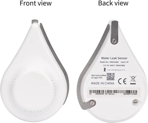 Front and back view of Zigbee Water Leak Sensor With Dripping Detection And 120 dB Alarm, 2 Pack No Fuss Setup, Real Time App Alerts, Works With Home Assistant And Compatible Zigbee Hubs, Batteries Included, Easy Floor Placement In Kitchen Basement Laundry.