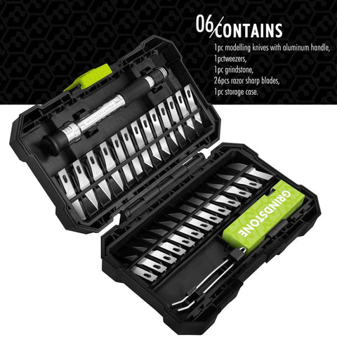 Pro Grade Craft Knife Set with 29 blades in a sturdy black storage case, ideal for artwork, scrapbooking, and detailed projects.