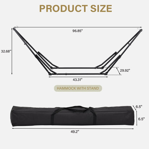 Diagram of 2 In 1 Outdoor Hammock With Stand Hangout Ready Swing Chair, dimensions and carry bag, heavy duty steel frame