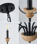 Details of 6 Light Wood Chandelier For Dining Room Black Farmhouse Style Modern Light Fixtures Over Table Cool Cozy Rustic Candle Ceiling