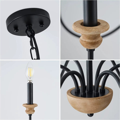 Details of 6 Light Wood Chandelier For Dining Room Black Farmhouse Style Modern Light Fixtures Over Table Cool Cozy Rustic Candle Ceiling