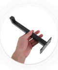 L Shaped Shelf Bracket Set With Stainless Steel Build And Screws for space saving floating shelves, black, held by hand