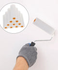 10 Pack High Density Foam Paint Roller Covers for Walls Ceilings Cabinets and Doors Achieve a Hella Smooth Finish on Flat Surfaces being used on a wall.