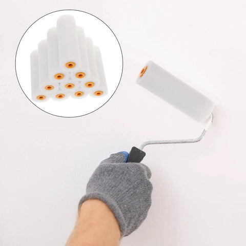 10 Pack High Density Foam Paint Roller Covers for Walls Ceilings Cabinets and Doors Achieve a Hella Smooth Finish on Flat Surfaces being used on a wall.