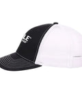 Side view of black and white Women's Distressed Washed Low Profile Trucker Cap With Adjustable Buckle, Dope Graphic Baseball Hat