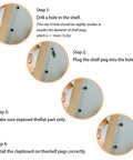 Installation steps for No Sweat Heavy Duty Metal Shelf Pegs 50 Pack Five Millimeter Cylinder Pins including drilling holes and inserting pegs.