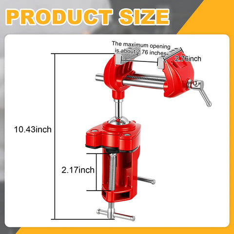 Bow Vise For Compound Bows 360 Degree Rotation Professional Bench Mount For Tuning And Setup Recurve And Compound Bow Bench Vise Adjustable Removable Archery Accessory For Home Training Repair And Fine Tuning, front view with dimensions showing a red vise, 2.76-inch maximum opening, 10.43-inch height.