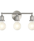 Front view of Three Light Vanity Fixture in Brushed Nickel, Modern Farmhouse Wall Sconce for Bathroom or Over Mirror, E26 Base, Silver Finish.