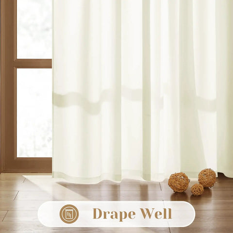 Privacy Sheer Curtains Set 52 By 96 Inches Two Panels Cream Ivory Lightweight Window Drapes installed in living room.