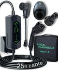 Go-To Portable Level 2 EV Charger With 40 Amp Output, 25ft Cable, 120V To 240V NEMA 14-50, Outdoor EVSE With LED Display shown with adapters