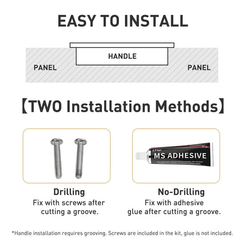 Installation instructions for Rock Solid Zinc Alloy Recessed Handles for Kitchen Cabinets, showing drilling and adhesive methods.