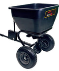 Tow Behind Broadcast Spreader With Universal Hitch 175 Lb Capacity Durable Poly Hopper for Lawn Seed Fertilizer Ice Melt in black