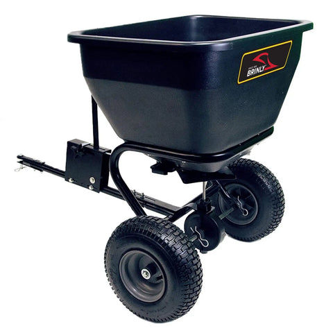 Tow Behind Broadcast Spreader With Universal Hitch 175 Lb Capacity Durable Poly Hopper for Lawn Seed Fertilizer Ice Melt in black
