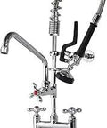 Commercial Kitchen Pre-Rinse Sprayer Faucet With Deck Mount, High-Pressure Pull-Down Sprayer, Dual Handles, chrome, side view