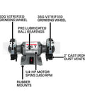 Six Inch Bench Grinder With 3450 Rpm And Quarter Horsepower Motor features dual vitrified grinding wheels and rubber mounts.