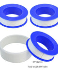 30 Roll Pack Of PTFE Thread Seal Tape One Half Inch By Three Hundred Ninety Four Inches White Teflon Pipe Sealant Tape For Leak Proof Plumbing Water Lines And Air Lines DIY Plumbers close-up of rolls with dimensions