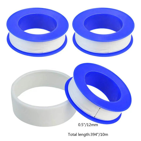 30 Roll Pack Of PTFE Thread Seal Tape One Half Inch By Three Hundred Ninety Four Inches White Teflon Pipe Sealant Tape For Leak Proof Plumbing Water Lines And Air Lines DIY Plumbers close-up of rolls with dimensions