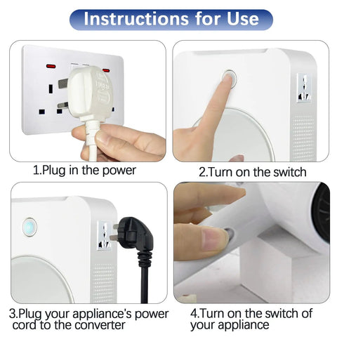 Instructions for using the 500W Voltage Converter Step Up 110V To 220V Transformer with Circuit Breaker Protection.
