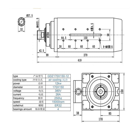 Heavy Duty 12KW Air Cooled Spindle Motor crafted as a rock solid workhorse with technical specifications and dimensions.