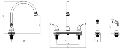 Technical drawing of RV Kitchen Sink Faucet With High Arc Spout, Dual Lever Handles, And Side Spray, Deck Mount, Brushed Nickel Finish.