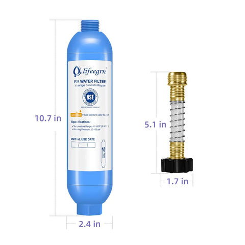Heavy Duty Inline RV Water Filter With Hose Protector Quick Twist Fit, blue water filter with size and specifications.