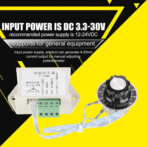 4-20mA Current Output Generator Module with 12-24V DC power, potentiometer, and adjustable analog signal source for PLCs.