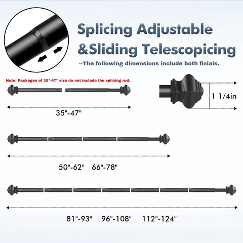 Size options for Matte Black Curtain Rod 35 To 47 Inch Adjustable Telescoping With Brackets 5 Eighth Inch Diameter