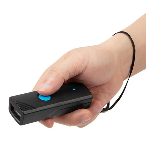 Person holding versatile wireless barcode scanner with USB and Bluetooth modes for 1D and 2D barcodes works with tablet phone PC laptop