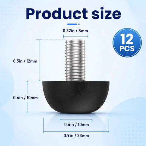 Rock Solid Adjustable Furniture Levelers Built From Tough 304 Stainless Steel And Heavy Duty Screw In Table Feet, 12 pcs, shown with measurements.