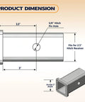 Diagram of Trailer Hitch Reducer Sleeve From Two And A Half Inch To Two Inch With Five Eighth Inch Pin And Clip Carbon Steel Built Tough Class V To Class III IV Receiver Adapter For Tractor Buckets RVs Trucks Bike Racks And Cargo Carriers showing dimensions and pin hole size.