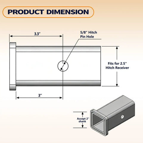 Diagram of Trailer Hitch Reducer Sleeve From Two And A Half Inch To Two Inch With Five Eighth Inch Pin And Clip Carbon Steel Built Tough Class V To Class III IV Receiver Adapter For Tractor Buckets RVs Trucks Bike Racks And Cargo Carriers showing dimensions and pin hole size.