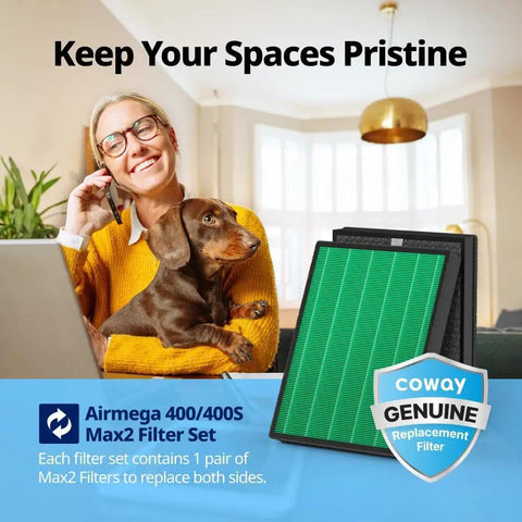 Airmega 400 And 400S Replacement Filter Set With True HEPA And Activated Carbon, AP2015FP, Two Pack displayed with dog