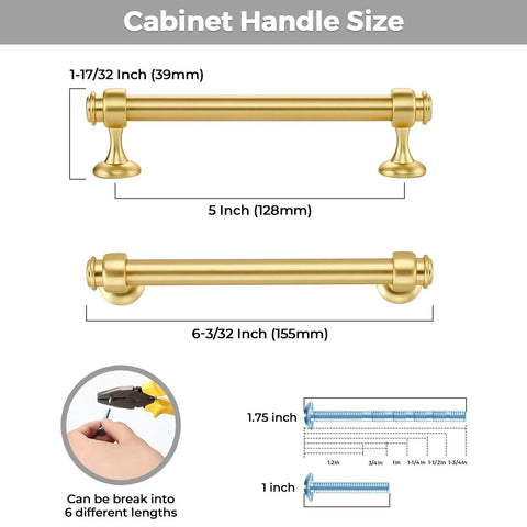 Six Pack Brushed Gold Aluminum Cabinet Handles With 5 Inch Center Hole Straight Bar Drawer Pulls Size Diagram