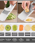 KEOUKE mandoline slicer with stainless steel surface and 6 blades; handheld veggie cutter with safety guard