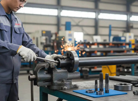 Worker using Six Piece NPT Pipe Tap And Die Set With One Quarter Inch Three Eighths Inch And One Half Inch Taps And Dies in an industrial setting.