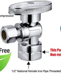 10-Pack Lead-Free Chrome Brass Angle Stop Valve With 1/2 FIP X 3/8 OD Compression, 1/4 Turn Shutoff Handle For Faucets