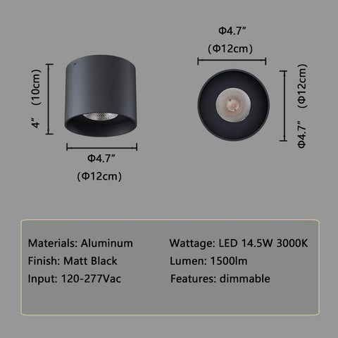 Ultra Sleek Black 5 Inch LED Ceiling Light Fixture Flush Mount Dimmable 14W 3000K Ra90 shown dimensions and material