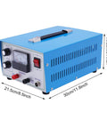 Front view of a blue 500W 50A Jewelry Welder Kit With Spot Welding Machine, 110V Foot Pedal, with visible knobs and dimensions.