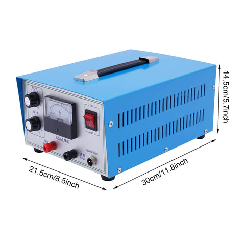 Front view of a blue 500W 50A Jewelry Welder Kit With Spot Welding Machine, 110V Foot Pedal, with visible knobs and dimensions.