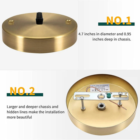 Gold Light Canopy Kit 4.7 Inch Pendant Chandelier Ceiling Plate With All Mounting Hardware UL Listed Easy DIY Install Crossbar Ground Wire Vintage Style Fixture Cover For Ceiling Mount showing front and back views