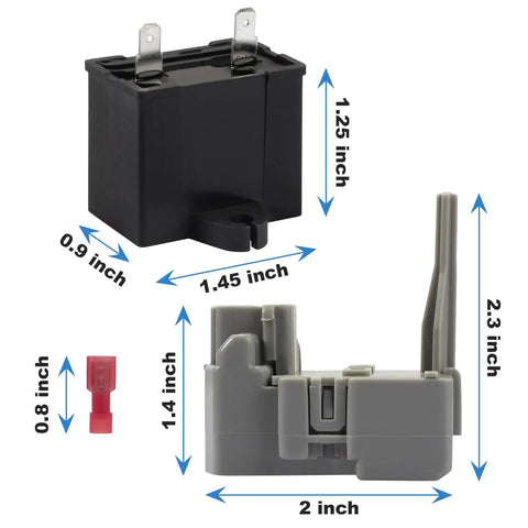 Refrigerator Start Relay Kit With Run Capacitor W10189190 W10662129 For Whirlpool Kenmore Electrolux Refrigerators with dimensions shown.