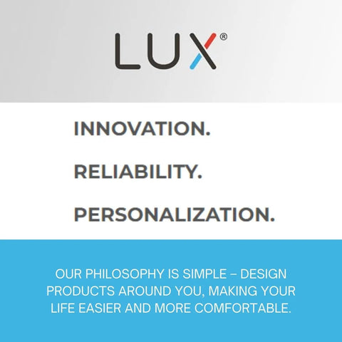 Lux logo with text "Innovation, Reliability, Personalization" above product philosophy statement on comfort and design.