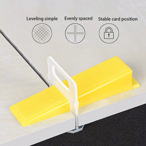 Pro Grade Tile Leveling System Kit With 600 White Spacers And 200 Red Wedges Plus Pliers For One Eighth Inch Stone And Tile Installations showing yellow wedge used for leveling tiles