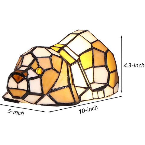 Tiffany Style Stained Glass Accent Dog Table Lamp For Home Decor Orange Lit Pup Vibe 10 Inches Long 5 Inches Wide 4.3 Inches High Uses 25W E12 Bulb LED Included For Warm White Light, side view showing stained glass details.