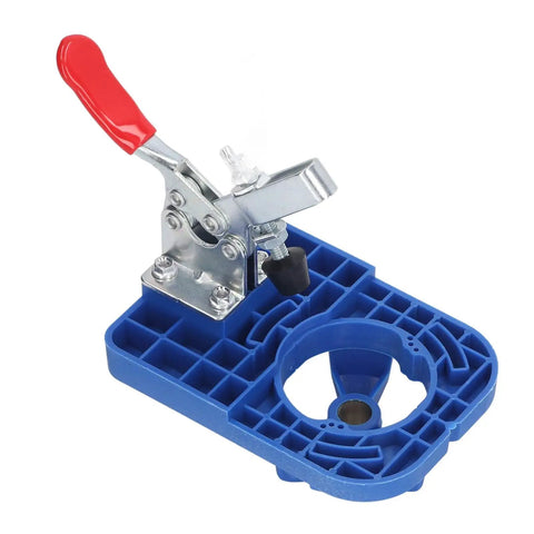 Precision Hinge Opening Locator 35mm Drill Guide For Woodworking Doors And Cabinets features blue plastic base with a metal lever.