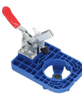 Premium Plus Hinge Opening Locator Tool For 35mm woodworking projects with red handle clamp and blue plastic base for precise drill positioning.